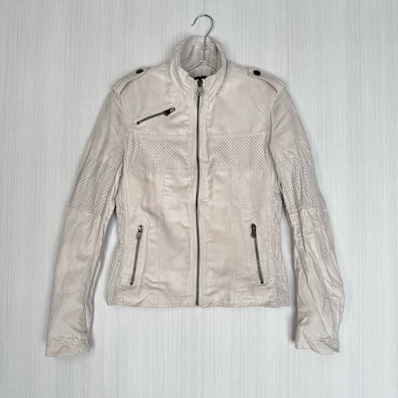 VINTAGE Ellus Perforated Moto Jacket S Off White Crinkled Vegan Suede Casual Y2K - Picture 5 of 15